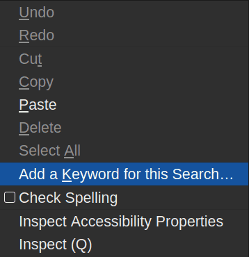 Inside a context menu, the “Add a Keyword
								for this Search…” entry is
								highlighted.