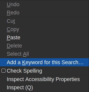 Inside a context menu, the “Add a Keyword
for this Search…” entry is
highlighted.