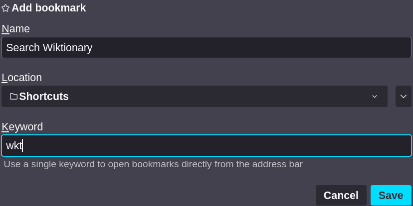 A dialog box that asks for the name of the
bookmark, the folder to save it in, and the
keyword.