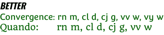 Typography comparison titled 'BETTER' in black text. Shows two fonts
in green text: 'Convergence: rn m, cl d, cj g, vv w, vy w' and 'Quando:
rn m, cl d, cj g, vv
w'.