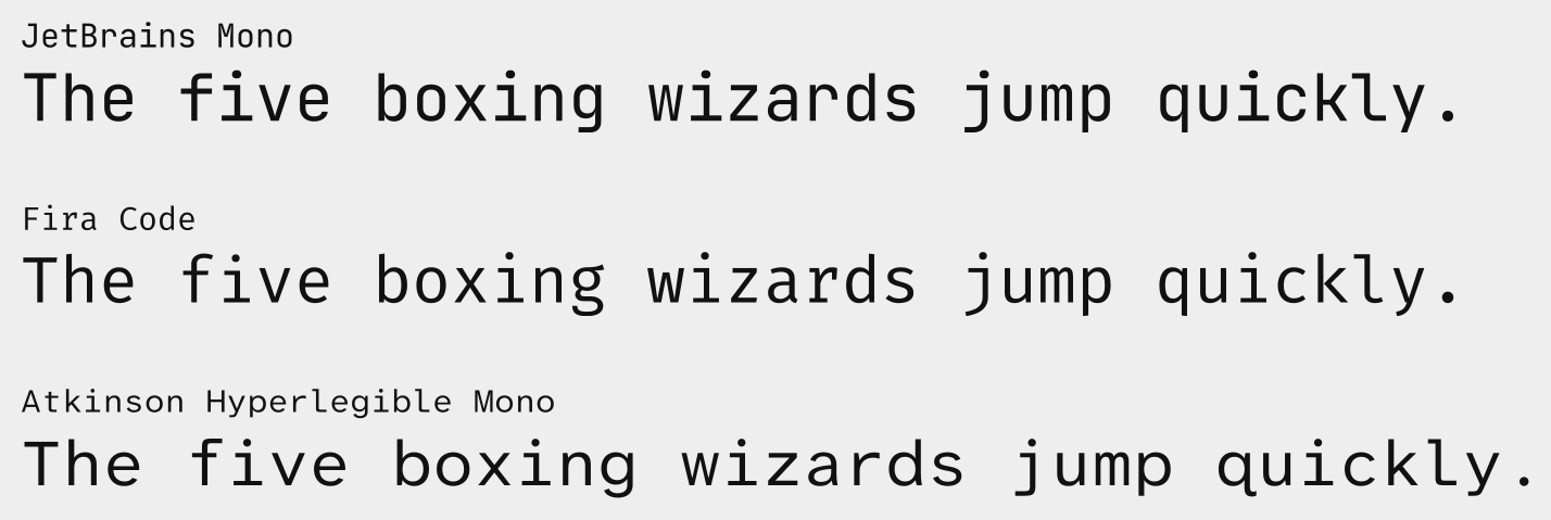 Font comparison showing "The five boxing wizards jump quickly." across
JetBrains Mono, Fira Code, and Atkinson Hyperlegible
Mono.