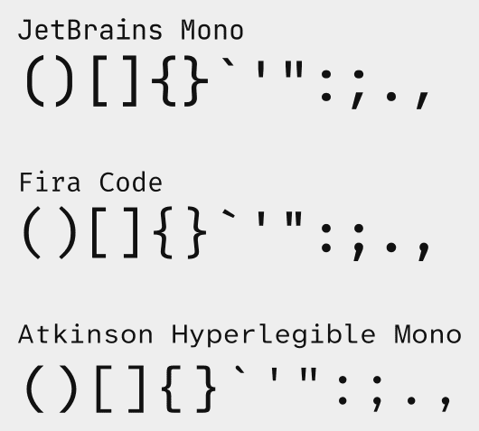 Font comparison showing programming symbols '\(\)\[\]\{\}\`\'":;.,'
across JetBrains Mono, Fira Code, and Atkinson Hyperlegible
Mono.